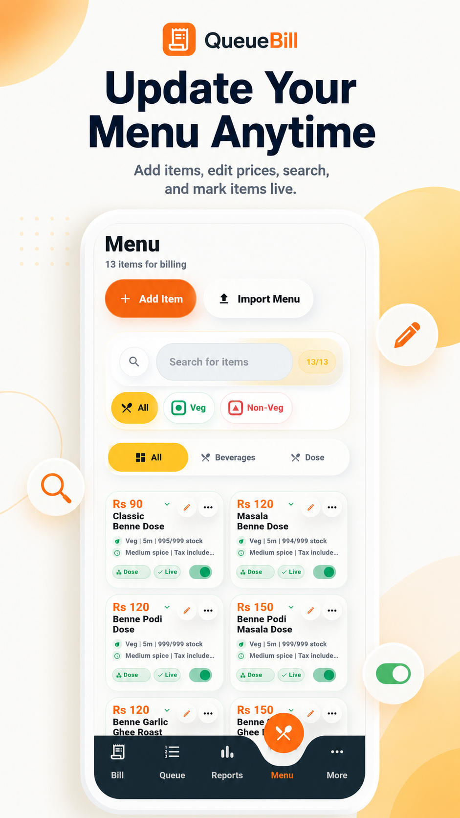 QueueBill menu management screen with live item toggles