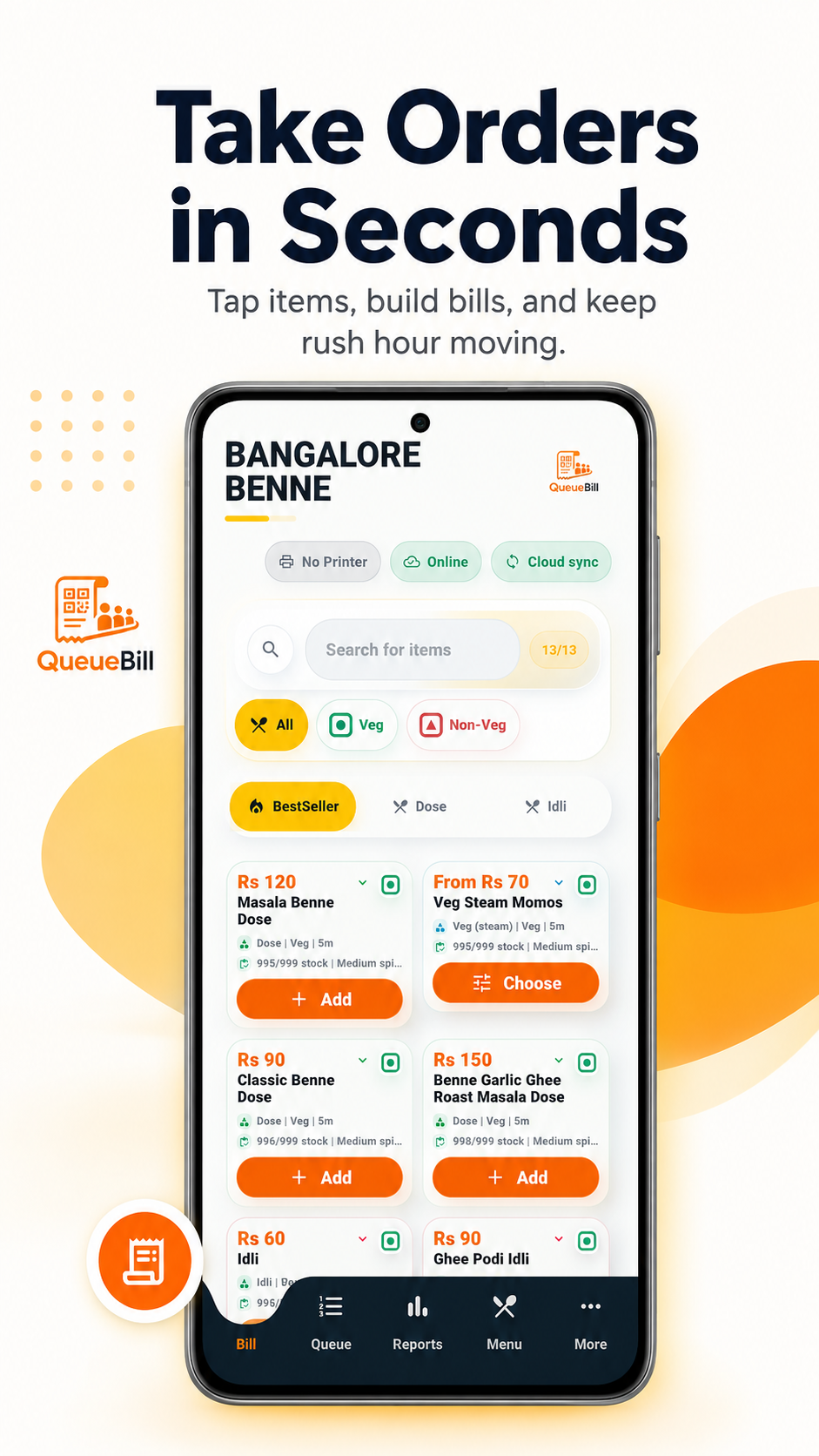 QueueBill order taking screen with item cards and quick add buttons
