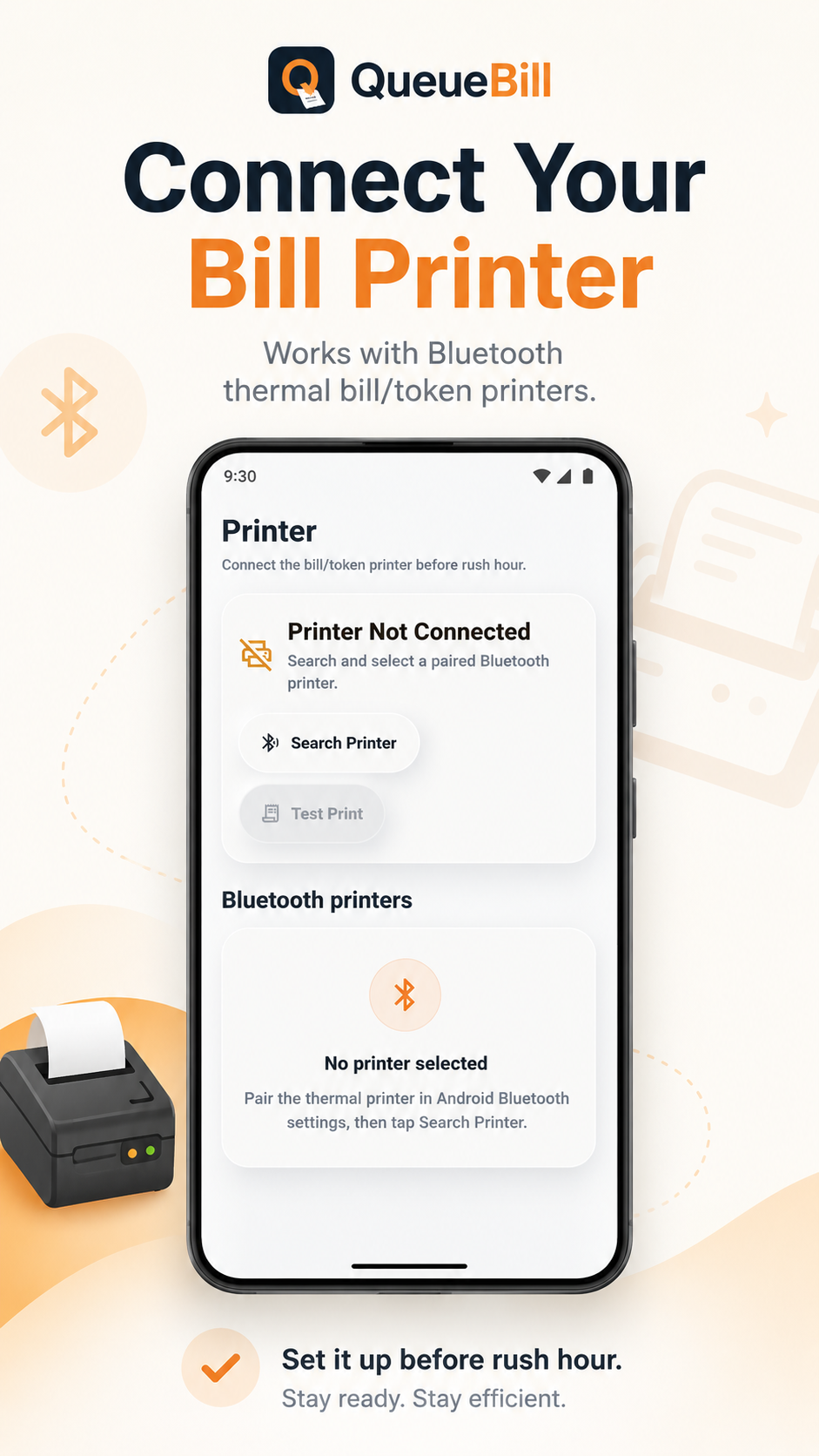 QueueBill Bluetooth printer connection screen