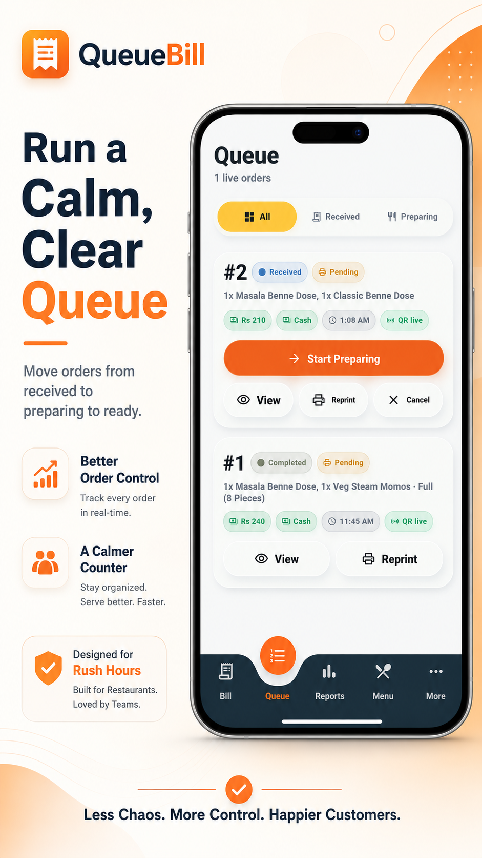 QueueBill queue screen with received and preparing orders